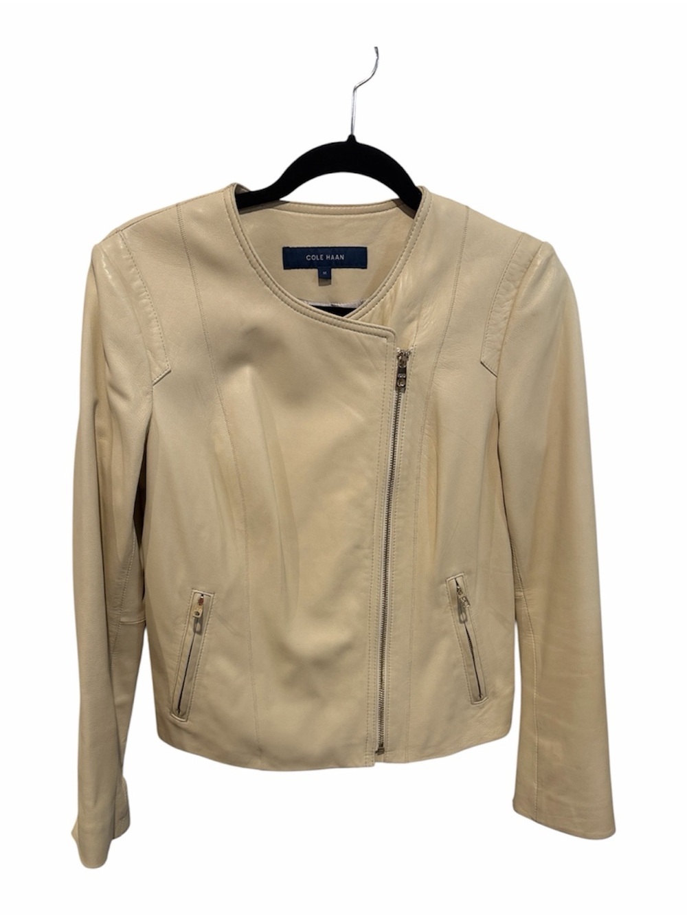 Cole Haan cream lamb skin leather moto jacket with asymmetrical zipper size Med